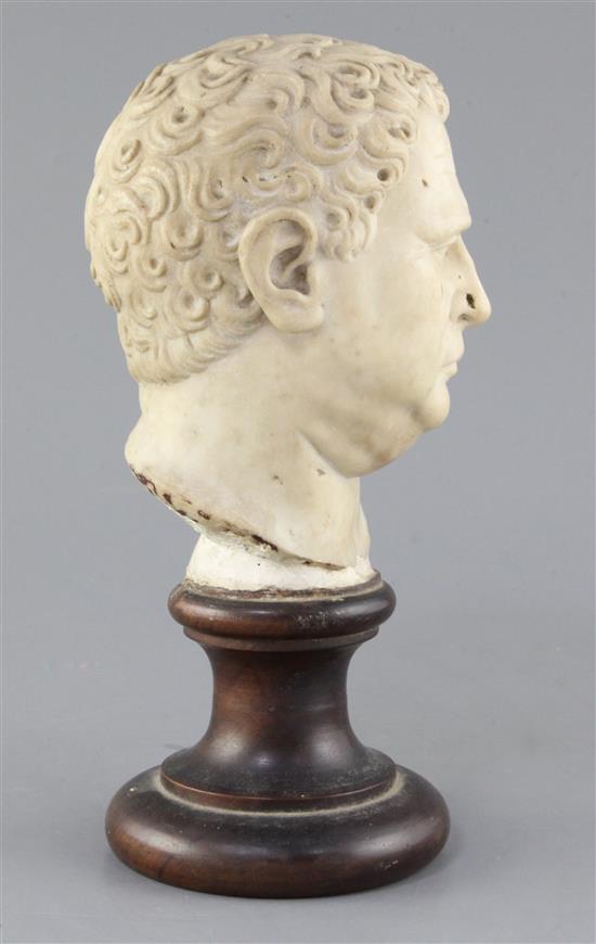 A marble portrait head of a man, possibly Emperor Vitellius, Roman Imperial or later total height 11.5in.